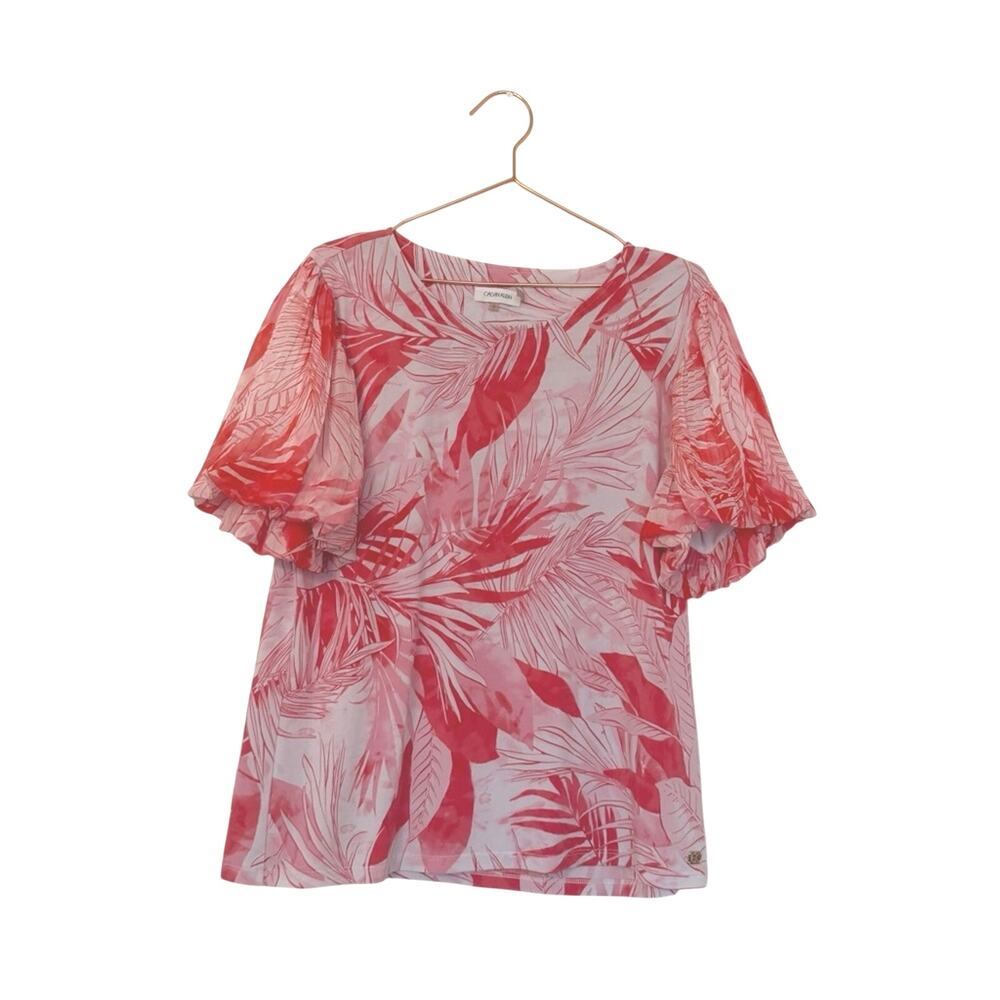 Calvin Klein pink coral and White Leaf Print Blouse bubble sleeve